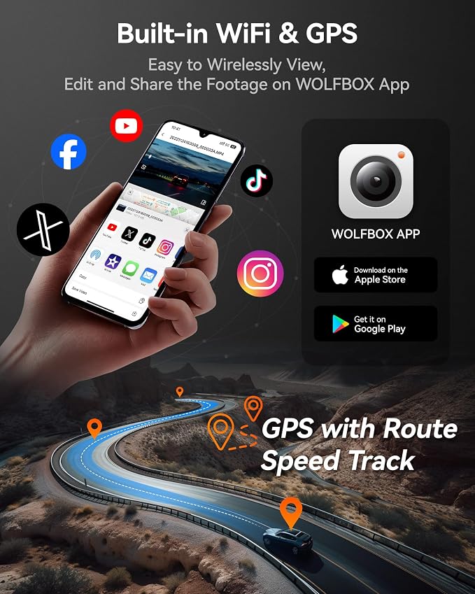 WOLFBOX i07 3 Channel Dash Cam Built-in WiFi GPS, 4K Dash Camera Front and Inside, 1440P+1080P+1080P Triple Car Camera with 3" LCD Screen,IR Night Vision, 24H Parking Mode(Card Not Included)