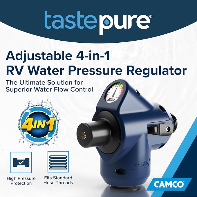 Camco Tastepure 4-in-1 Adjustable RV Water Pressure Regulator - Combines a 90° RV Hose Elbow Design, Pressure Gauge, Adjustable Regulator, & Shut-Off Valve in One RV Accessory (40065)