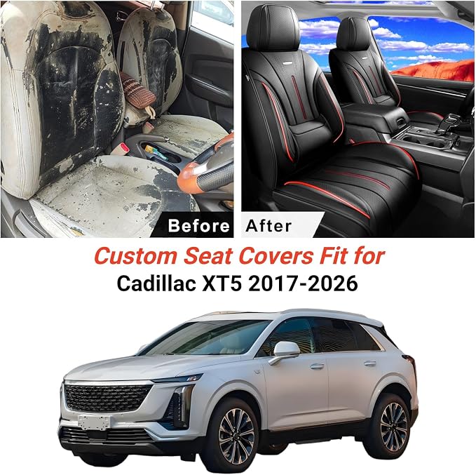 Fit XT5 Car Seat Covers (Front Pair) for Select Cadillac XT5 2017-2026 - Premium Full Coverage Leather, Airbag Compatible & Scratch-Resistant, Waterproof & All Weather Seat Protector, Red Trim
