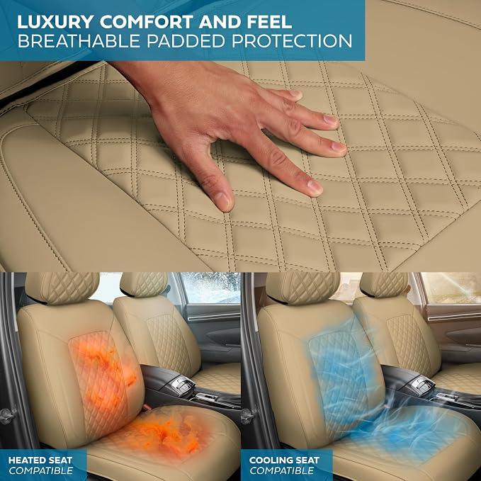 MotorBox Prestige Edition Faux Leather Seat Covers for Cars, Trucks, & SUV – 2 Beige Car Seat Covers for Front Seats - Universal Fit Car Accessories Automotive Interior Protector for Most Vehicles