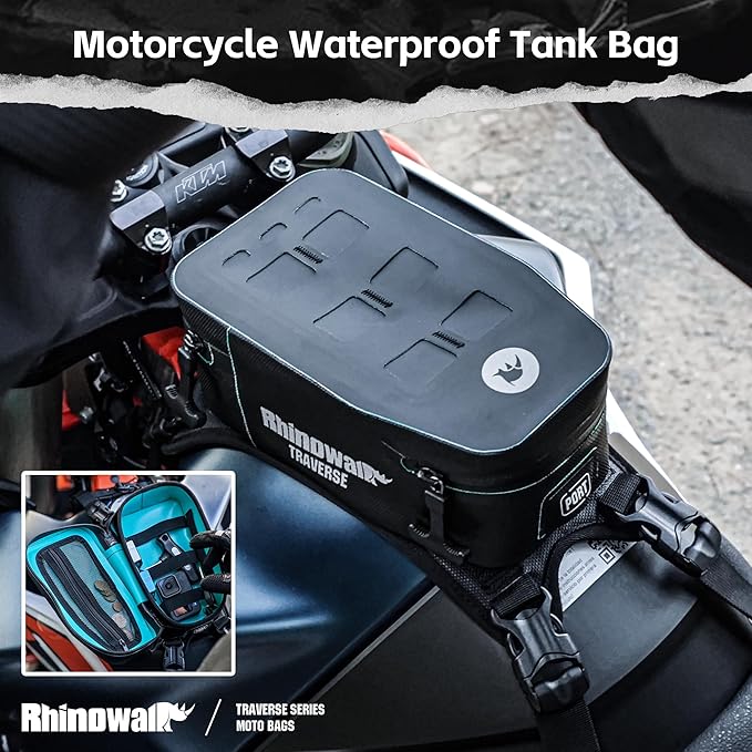 Rhinowalk Motorcycle Tank Bag Waterproof Motorbike Storage Bag with MOLLE System Cable Port Fits Honda Yamaha Suzuki Kawasaki Harley-Black