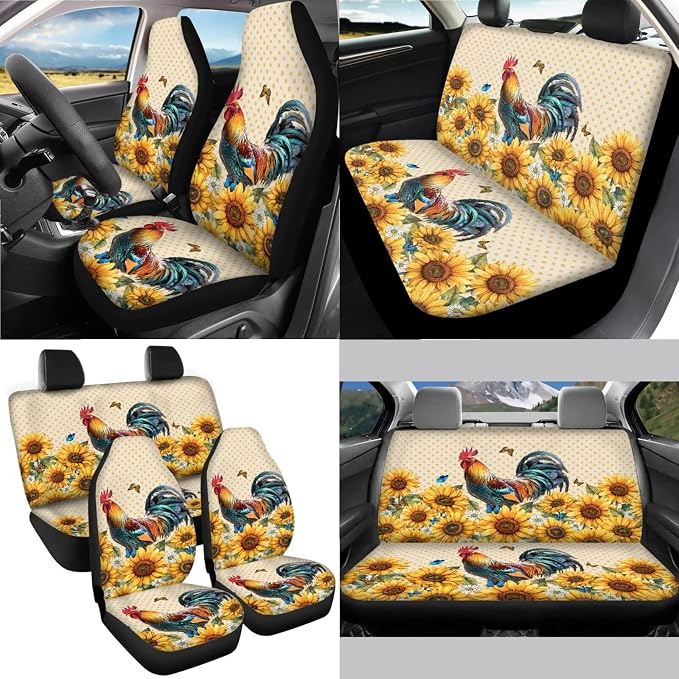 Rooster Chicken Sunflower Butterfly Print Car Interior Accessories Set of 13, 4 PCS Auto Front and Back Seat Covers, 1 Steering Wheel Cover, Seat Belt Pads Set of 4, 4 Pieces Cup Coasters