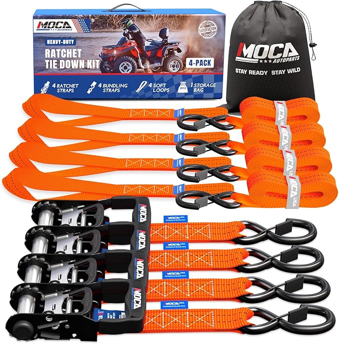 MOCA Orange Heavy Duty Ratchet Tie Down Straps - 5200 Lbs Breaking Strength 1.6" x 8', Includes 4 Heavy Duty Ratchet Padded Handles & Coated Chromoly S Hooks & 4 Soft Loop Tie-Downs