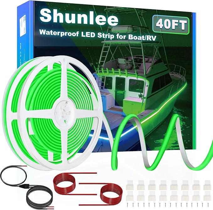 SHUNLEE Led Boat Lights Green 40FT, IP67 COB Waterproof Marine Pontoon Led Lights, Boat Interior Strip Lights for Pontoon, Deck, Night Fishing, Kayak, RV, Bass (40FT-Green)