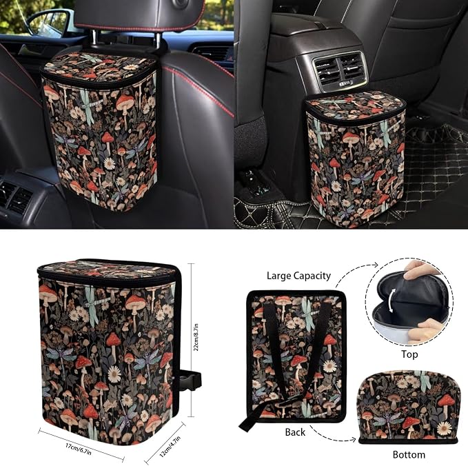Mushroom Dragonfly 15Pcs Car Seat Cover Full Set Car Steering Wheel Cover Seat Belt Cover Trash Bin Front Rear View Mirror Car Cup Holder Keychain