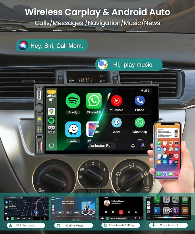 Single Din Radio Car Stereo with Wireless CarPlay & Android Auto, 7 Inch IPS Touch Screen Car Audio with Bluetooth，Mirror Link, FM,EQ, USB/Type-C/U Disk, SWC for Single Din Car Stereo
