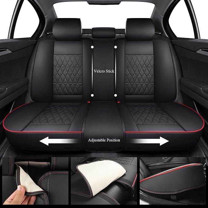 Aierxuan Waterproof Leather Car Seat Covers 360°Full Coverage, Universal Fit Toyota Honda Ford Hyundai Elantra Civic Corolla Nissan Murano, Full Set, Black-Red