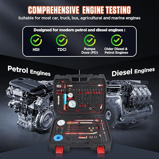 Compression Tester Automotive 46Pcs Petrol & Diesel Compression Tester Kit for HDI/TDCi/Pumpe Duse Engine Cylinder Leak Down Tester Kit with Compression Gauge,Dual-Meter Leak Detector, Adapters