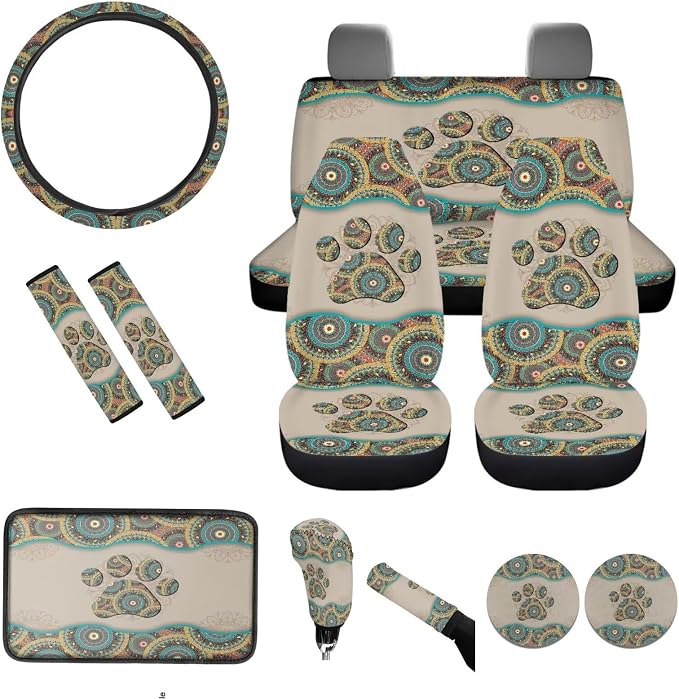 BIGCARJOB 12 Pack Boho Style Car Seat Cover Full Set,Hippie Paw Print Steering Wheel Covers,Universal Seat Belt Pads,Armrest Cover,Cup Holder,Woman Girly Car Interior Accessories Set