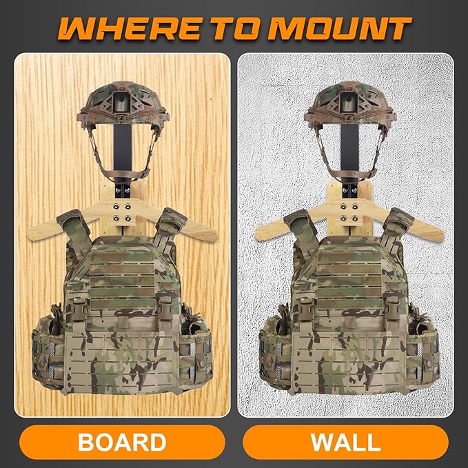 Tactical Gear Wall Mount Stand - Motorcycle Helmet Holder Display Stand with Hooks, Solid Wood Airsoft Plate Carrier Rack for Police, Football and Cycling Suit