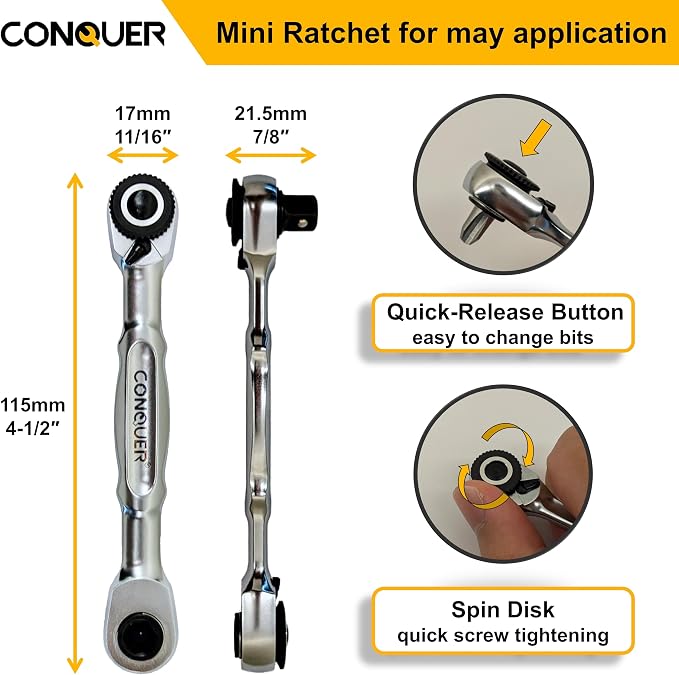 CONQUER Mini Dual Ratchet Socket & FREE ZONE Bit Organizer – Compact Precision & Organized Storage Kit