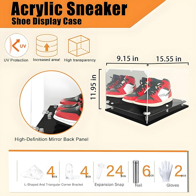 Acrylic Sneaker Display Case, Clear Shoe Box with Mirror Back & Elevated Base, 3mm Thick Collectible Display Showcase for High Tops, Fits up to US Size 15, Dustproof Organizer (Assembly Required)