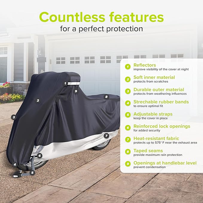 VELMIA Motorcycle Cover Extremely Heat Resistant up to 550 F I High Standard Motorcycle Cover Waterproof Outdoor for All Seasons, Motorcycle Storage, Scooter Cover, Moped Cover, Harley Cover