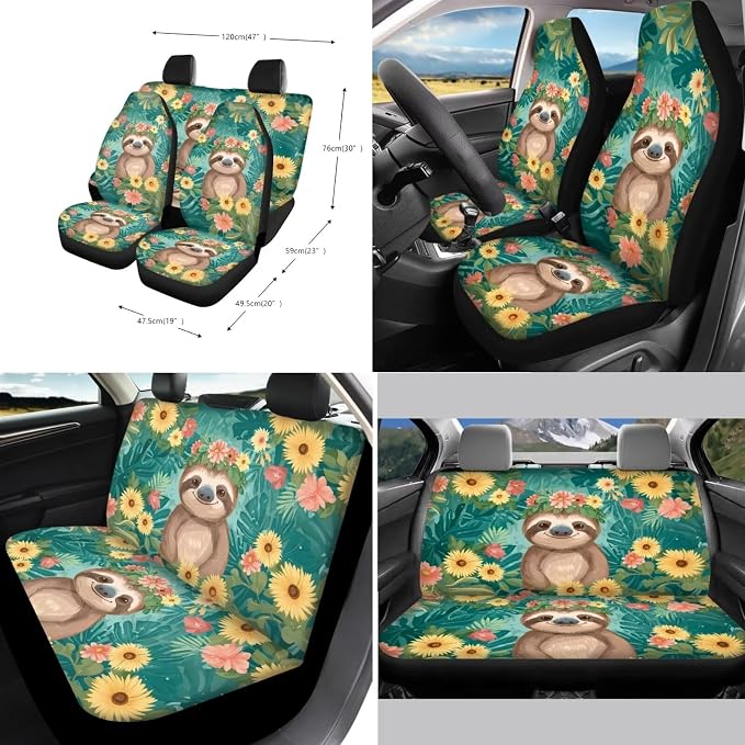 Suobstales Funny Sloth Print Car Seat Covers Full Set for Women Girly Floral Seat Cover Protector Auto Decorative with Steering Wheel Cover +Seat Belt Covers +Coasters +Keychains