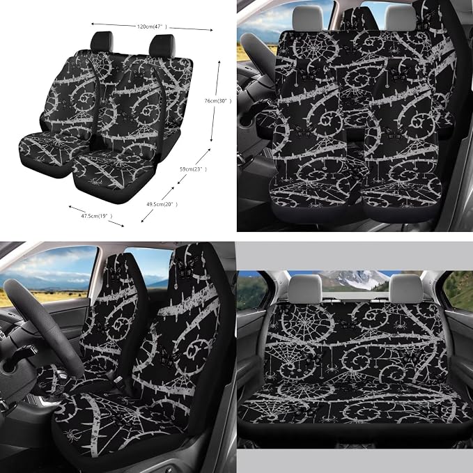 Butterfly Spider Web Pattern 10 Pcs Car Seat Covers Full Sets Breathable Car Seat Protector + Steering Wheel Cover + Air Vent Storage Bag + Trash Can + Coaster + Wristlet Keychain