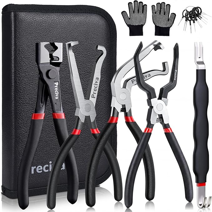 Preciva 9-in-1 Automotive Electrical Connector Tool Kit,Terminal Release Pliers Set with Wire Cutter, Hose Clamp Pliers, 8-Piece Separator Picks, Gloves & Storage Bag for Car, Truck, SUV, Jeep