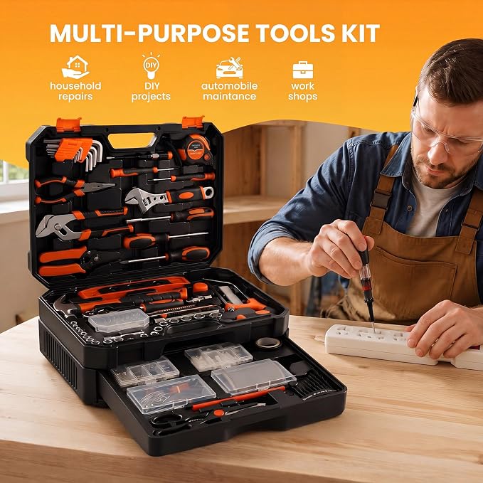 330-Piece Portable Home Repair Tool Kit with Pull-Out Drawer | Compact Homeowners Tool Kit, Durable Tool Box for Homeowner, DIY Projects, Handyman, Black-Yellow