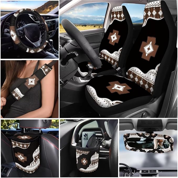 Dreaweet Navajo Seat Covers for Cars Full Set with Steering Wheel Cover Seatbelt Covers Car Coasters Trash Bag Air Vent Storage Bag Rearview Mirror Cover Keychain,Universal Car Accessories 15 Pcs