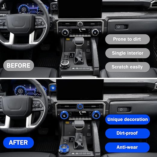 Knob Covers for Toyota Tacoma Accessories 2024 2025 2026 8" or 14" Touchscreen Air Conditioner Engine Start Stop Button Ring Drive Mode Switch Audio Center Console Button Knob Cover 7 Pcs (Blue)