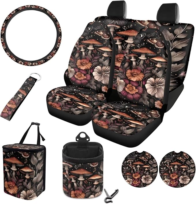 Mushroom Butterfly Flower Pattern Car Seat Covers Full Set, 10Pcs Car Accessories Steering Wheel Cover + Keychain + Coasters + Car Trash Bin + Air Vent Pounch Bag for Women Men