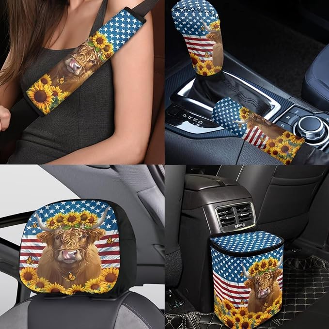 BIGCARJOB Highland Cow Print Car Seat Cover Set for Front and Rear,15 Pcs Sunflower Car Seat Interior Accessories Full Set with Seat Belt Pads,Car Seat Head Rest Protective Cover,Auto Garbage Bag