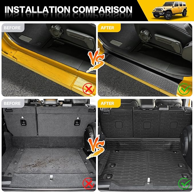 Cargo Mats with Door Sill Guards for 2021-2025 Jeep Wrangler JL Unlimited 4XE Accessories All Weather Rear Seat Back Cover Trunk Liner Door Sill Protector for JL JLU 4XE 4 Door(Not for 4X4)