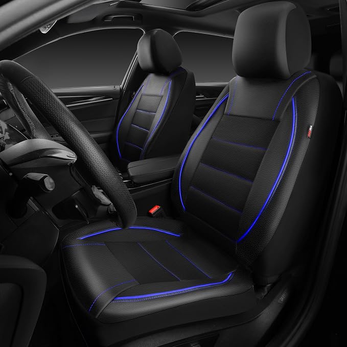 CAR PASS Universal FIT Piping Leather Two Front Seat Covers, Waterproof Faux Leather for SUV Sedan Van Truck, Airbag Compatible,Reserved Opening Holes for Headrest Covers. (Black and Blue)