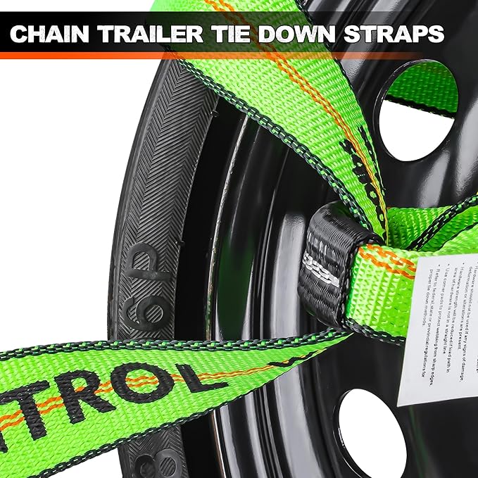 2" x 16' Tie Down Strap with Chain Extension Ends,4pack,Car Trailer Tie Down Straps,Replacement Strap for 8 Point Roll Back Vehicle Tie Down Kit,Tow Truck Accessories