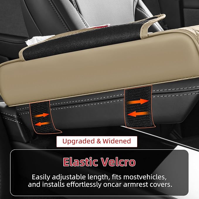 5 in 1 Nappa Leather Console Armrest Cover, Beige | Built-in cup holder, tissue slot, phone holder & 2 storage pockets, practical car accessories fit SUV sedan truck