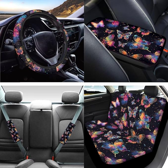 Mumeson Colorful Butterfly Car Seat Set with Steering Wheel Cover,Soft Seatbelt Covers Shoulder Pad,Armrest Cushion Covers Fit Most Vehicle Interior Accessories 8 Pack Set Black