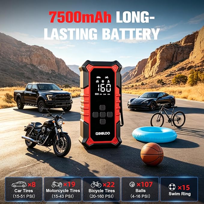 GOOLOO A6 Gear 160 PSI Tire Inflator Portable Air Compressor, 7500mAh Cordless Tire Inflator with Digital Pressure Gauge ＆LED Light, 3X Faster Air Pump for Car Tires, Bike,Balls, Auto Shut-Off