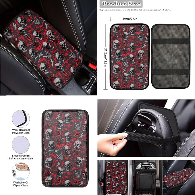 Halloween Skull Print Car Interior Accessories Set of 8, Car Seat Cover Full Set with Steering Wheel Cover, Center Console Pad, Seat Belt Pads, Universal Fit Cars SUVs Trucks