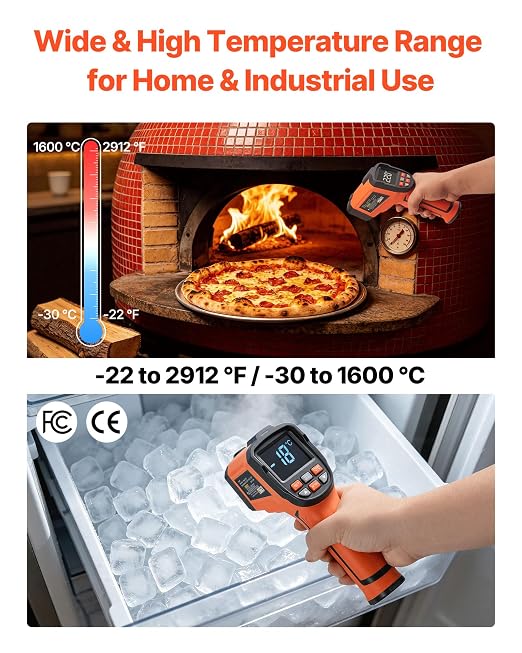 VEVOR Infrared Thermometer, -22℉ to 2912℉ Dual-Mode IR Thermometer Gun with K-Type Thermocouple, Dual Laser Heat Temperature Gun Non-Contact for Metal Smelting/Engine/Industry/Cooking (Not for Human)