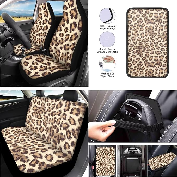 Leopard Print 13 Pcs Seat Covers Full Set Animal Cheetah Pattern Non Slip and Soft Headrest Cover Car Cup Pad Fit for Car,Truck,Van,SUV