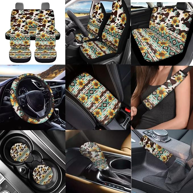 Dreaweet Sunflower Aztec Cow Seat Covers for Trucks SUV Cars Full Set with Car Steering Wheel Cover,Center Console Cover,Car Coasters,Seatbelt Covers,Gear Shift Cover,Handbrake Cover,Set of 12