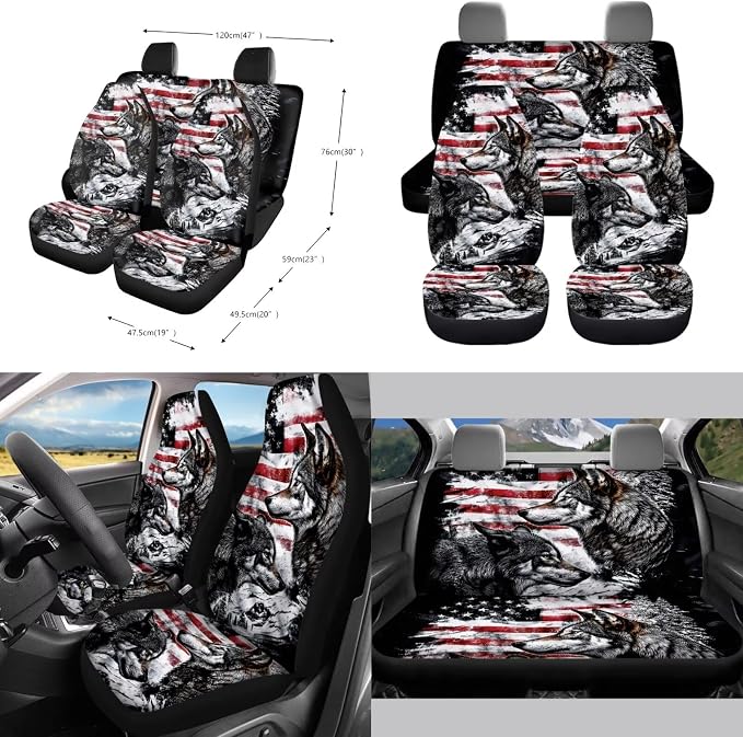 Wolf American Flag Pattern Auto Accessories Set of 10, Front and Rear Seat Covers Full Set, Steering Wheel Cover, Air Vent Storage Bag, Keychain, Car Trash Can, Cup Holders Car Interior Decor