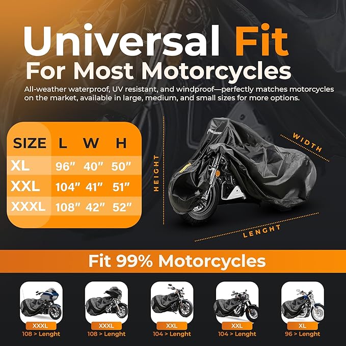 Heavy Duty Motorcycle Cover for - Enhanced Waterproof Motorcycle Covers Outdoor Storage Applicable to mainstream medium-sized motorcycles car on the market(XXXL)