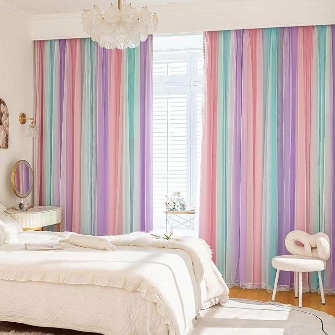 XiDi Blackout Curtains for Girls Kids Bedroom 63 Inches Long 2 Panels Thermal Insulated Colorful Rainbow Pink Curtains with Sheer Overlay Unicorn Wall Decor Princess Drapes Pink Purple Green 34Wx63L