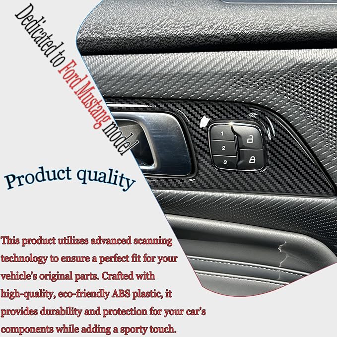 Inner Door Handle Cover，for Ford Mustang 2024-2026 / Shelby GT350 2015-2020 / GT500 2020-2022，ABS Carbon Fiber Decal Interior Trim Cover Accessories (with Memory seat Button Style)