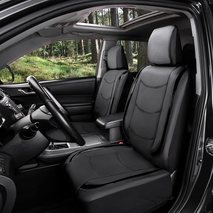 FH Group Galaxy13 Metallic Striped Deluxe Leatherette Car Seat Covers with Matching Carpet Floor Mats – Full Set, Universal Fit, Airbag Compatible for Cars, SUVs & Sedans, Black