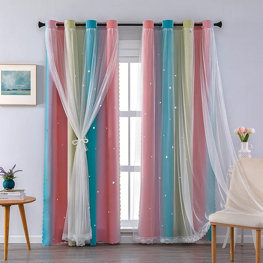 XiDi Girls Room Decro, Blackout Curtains for Kids Bedroom,Colorful Rainbow Style, Unicorn Wall Decor Ombre Curtains, Princess Room 63 Inches Long Pink/Blue