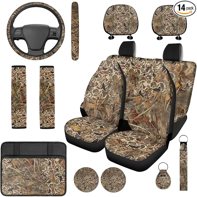 Bulopur Duck Hunting Camo Car Seat Covers Full Set with Matching Car Steering Wheel Cover Washable Armrest Cushion Pad Removable Seat Headrest Cover 14 Pack Auto Interior Decor Set