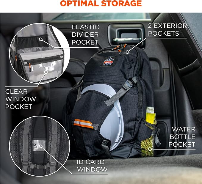 Ergodyne Arsenal 5188 Work Gear Jobsite Backpack with Hard Hat Storage, Padded Shoulder Straps, 39L Capacity,Black, Large