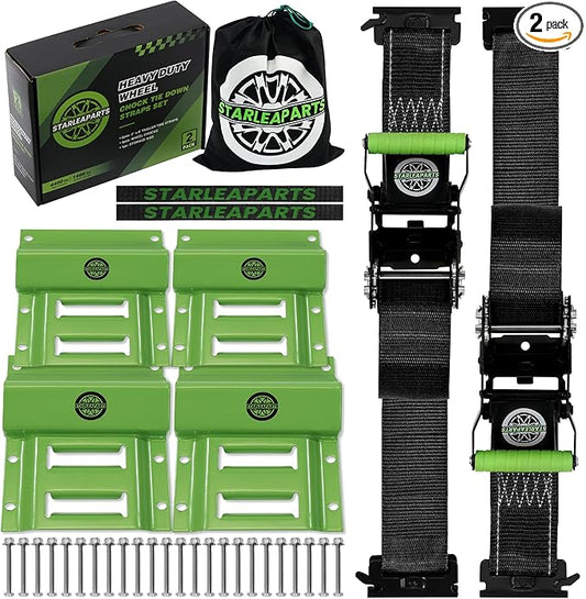 Heavy Duty Wheel Chock Tie Down Straps Set (2PK) - 4,400lb Guaranteed Max Break Strength, (2) 2" x 8' Trailer Tire Straps with (4) Wheel Chocks for ATV, UTV or Tractors