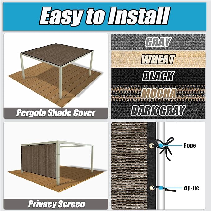 Amagenix 90% Shade Fabric 11'X 21' Mocha Sun Shade Cloth with Grommets for Pergola Replacement Shade Cover Canopy, Heavy Duty, Cable Zip Ties Included (We Customized)