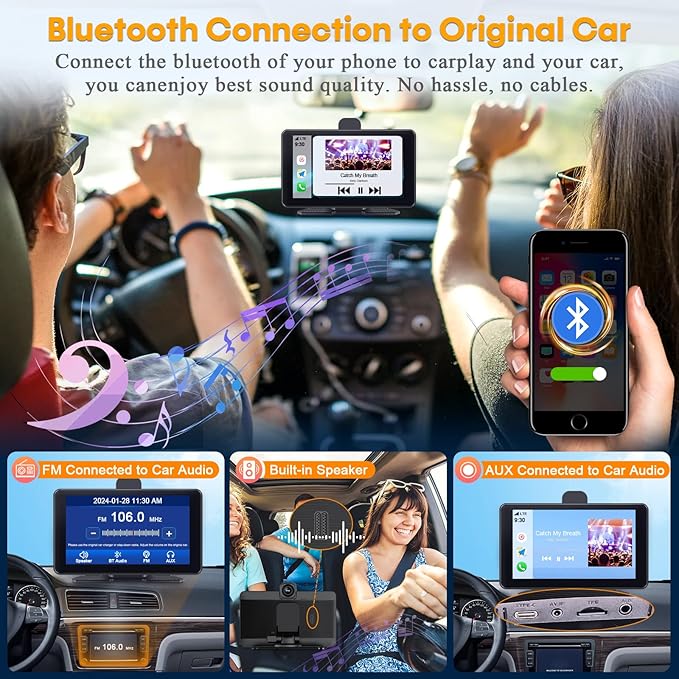 Wireless Apple CarPlay with Dash Cam: 7″ Carply Screen for Car with Backup Camera - 5-Min Plug-and-Play Upgrade for Older Cars - GPS Navigation, Bluetooth, Siri Voice Control