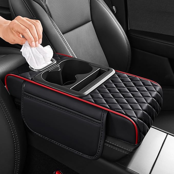 5 in 1 Nappa Leather Console Armrest Cover, Black Red Stitch | Built-in cup holder, tissue slot, phone holder & 2 storage pockets, practical car accessories fit SUV sedan truck