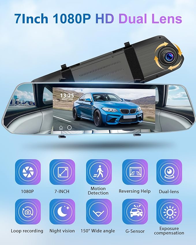Podofo Mirror Dash Cam for Cars,7" Rear View Mirror 1080P Front and Rear View Dual Cameras,Super Night Vision,Parking Assistance,Loop Recording,Motion Detection,Waterproof Backup Camera for Cars+64G