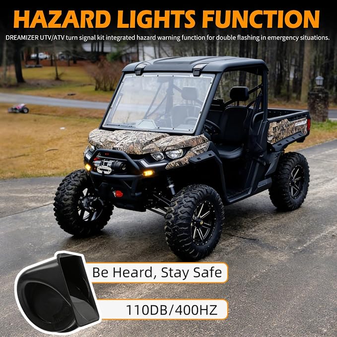 DREAMIZER UTV Turn Signal Kit with Horn,Pre-Wired, Plug and Play ATV SXS Blinker with Rocker Switch, Hazard Light, Universal Street Legal Turn Signals Compatible with Polaris Can-Am and more