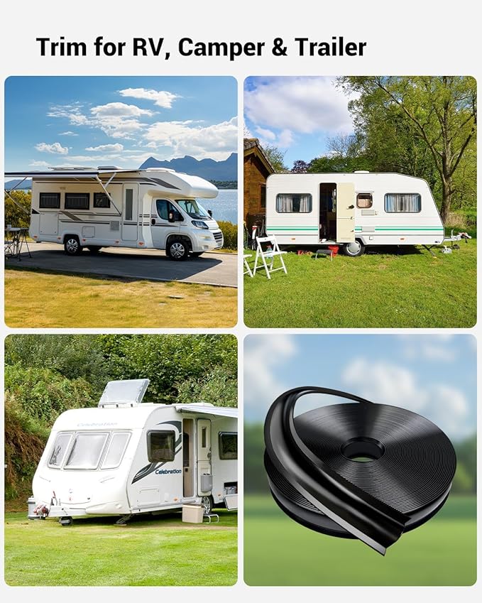 1” RV Trim Molding Insert, 50 Ft Heavy Duty RV Weather Stripping Exterior, Vinyl Rubber Seal Strip Includes End Caps, Screw Cover Trim for Camper Travel Trailer, Black